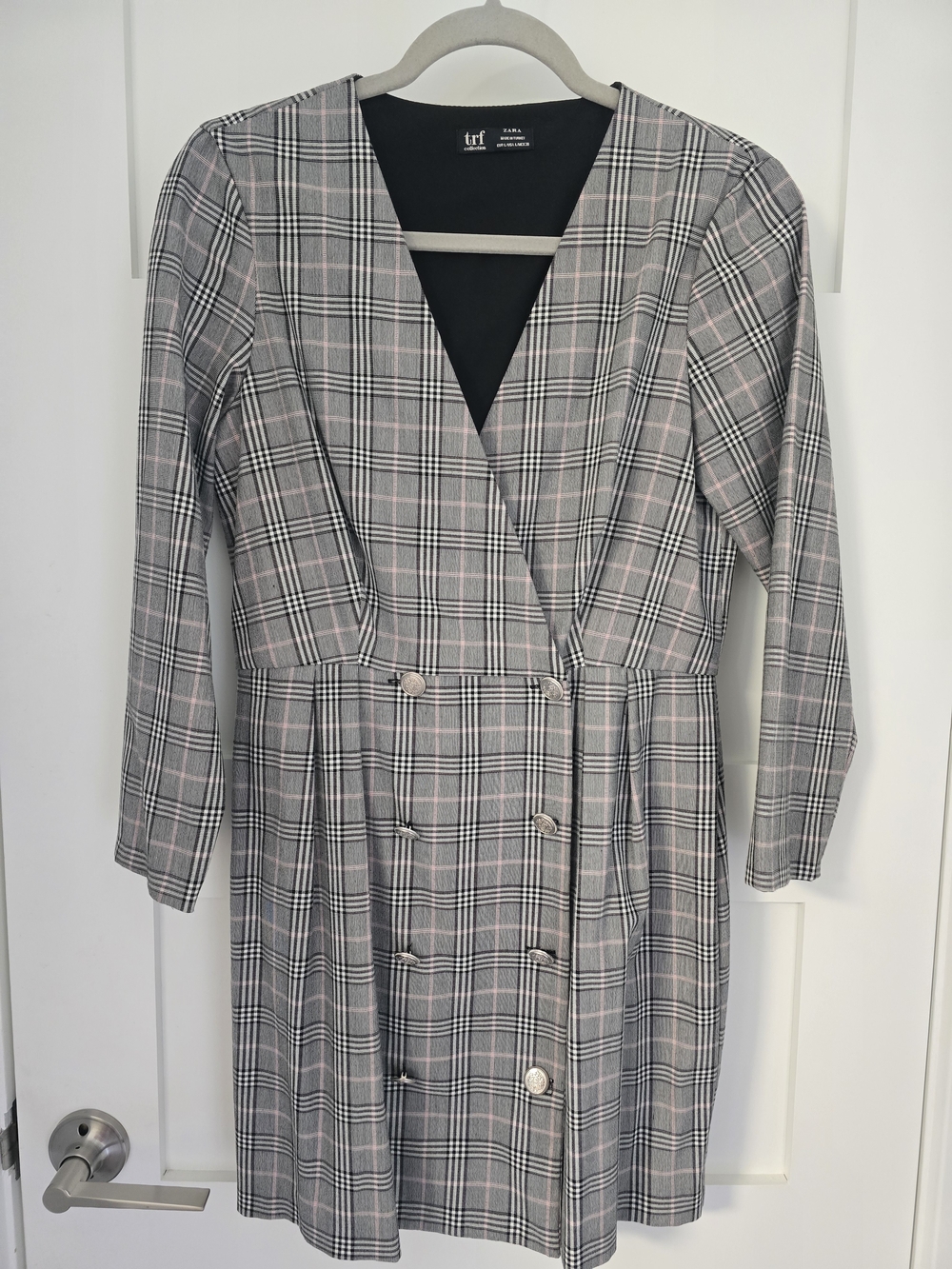 Zara Grey Plaid Long Sleeve Dress with Subtle Pink Lines